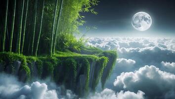 Tranquil Bamboo Grove on Cliffside Overlooking Clouds with Full Moon photo