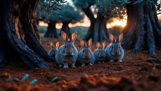 Group of Rabbits in Forest at Sunset Staring at Camera photo