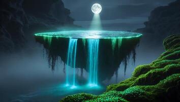 Floating Island Waterfall Illuminated by Moonlight in Mystical Landscape photo