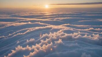 Frosty Snow Texture at Sunrise with Golden Light Glare photo