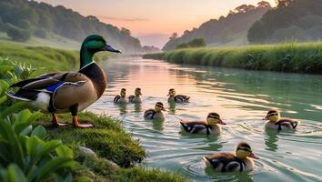 Duck Family Swimming in River at Sunrise Amidst Grassy Banks photo