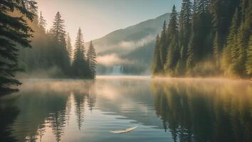 Still Lake Reflecting Trees and Fog with Distant Waterfall Nature Scene photo