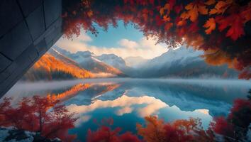 Reflecting Lake Surrounded by Autumn Foliage and Snow-capped Mountains photo