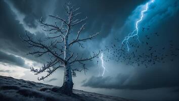 Solitary Tree and Lightning During Stormy Night with Flock of Birds photo