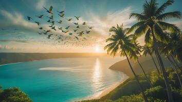 Birds Flying Over Tropical Beach at Sunset with Palm Trees photo