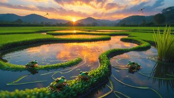 Frogs Resting in Rice Paddy Field at Sunset with Sky Reflection photo