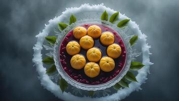 Dessert Arrangement with Spheres in Red Liquid and Decorative Elements photo