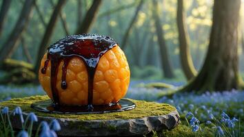 Orange Object with Syrup Drizzling on a Stone in Forest photo
