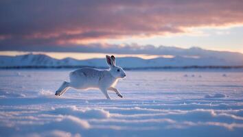 White Hare Running Across Snow Field at Dusk with Mountain Backdrop photo