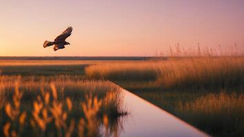 Bird Flying Over Golden Field at Sunset with Mirror Reflection photo