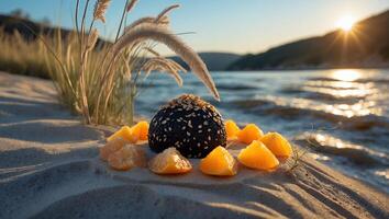Food Arrangement with Tangerine Slices on Sandy Beach at Sunset photo