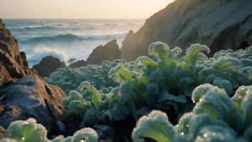 Coastal Plants Growing Near Ocean with Waves Crashing on Rocks photo