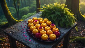 Tangerine Fruit Display with Flowers on Rustic Table in Forest photo