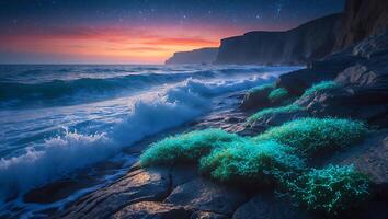 Ocean Waves Crashing on Rocky Shoreline at Sunset with Starry Sky photo