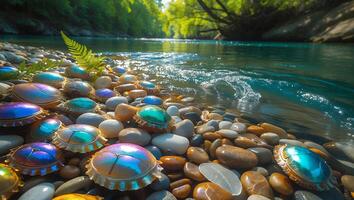 Riverbank Pebbles and Ornate Shells with Fern Near Flowing Water photo