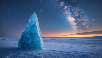 Standing Ice Formation Under Starry Night Sky on Snowy Field photo