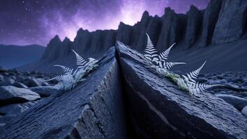 Ferns Growing on Rocky Terrain with Starry Sky and Mountains photo