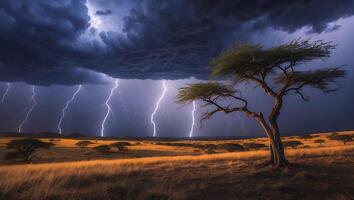 Lightning Storm Over Grassy Field with Tree Silhouette Landscape photo