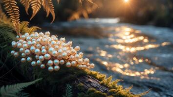 Pearls on Mossy Log by Water with a Golden Sunlight Background photo