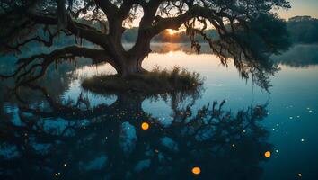 Tree in Water Reflected at Dusk Creating Serene Tranquil Scene photo
