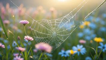 A spider web is surrounded by flowers and dew photo