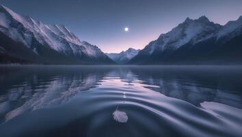 Feather Floating on Calm Lake with Mountains and Moonlight photo