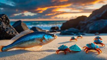 Fish on Sandy Beach Encountering Crabs at Sunset Seaside Scenery photo