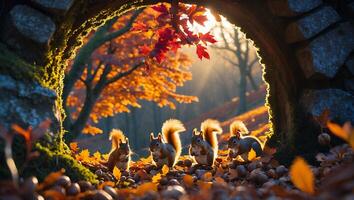 Squirrels Gather at Tunnel Entrance in Autumn Woodland Setting photo