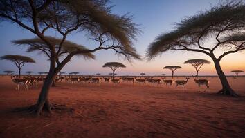 Gazelle Herd Grazing at Dusk Under Acacia Trees in Savannah photo