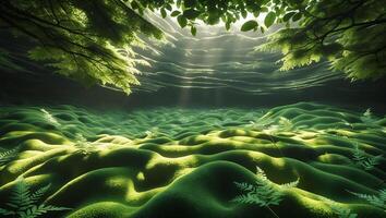 Green Landscape with Ferns and Rolling Hills Bathed in Sunlight photo