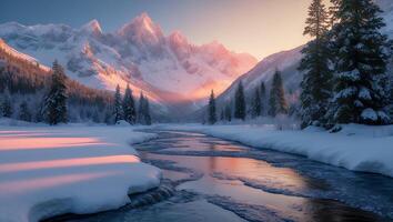 Flowing River in Snowy Winter Landscape with Mountains and Evergreens photo