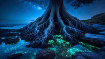 Tree Root Glow with Bioluminescence Under Night Sky Near Ocean photo