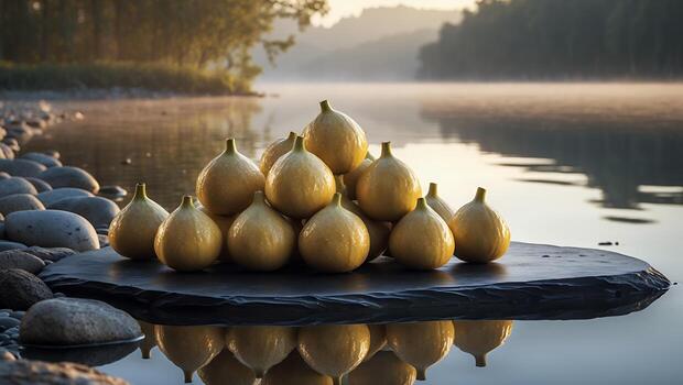 Stack of Yellow Fruits on Stone Slab Reflecting in Calm River photo