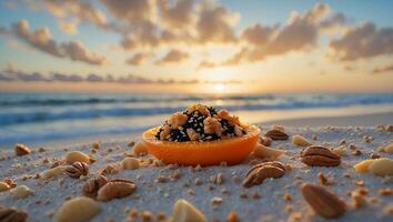 Orange Bowl Filled with Seeds and Nuts on Sandy Beach Sunset photo