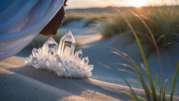 Person Gazing at Quartz Crystals on Sand at Sunset Creating Serene Moment photo