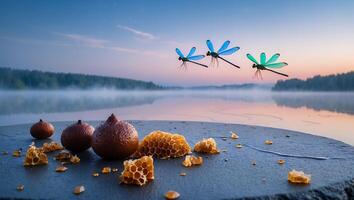 Honeycomb and Fruit by Misty Lake with Flying Dragonflies photo