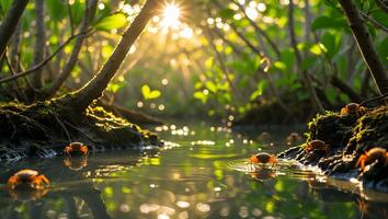 Crabs Emerging in Mangrove Forest with Sunlight Reflecting in Water photo