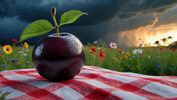 Dark Plum on Picnic Blanket with Wildflower Field and Stormy Sky photo