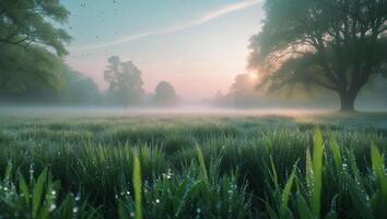 Early Morning Dew on Green Grass with Mist and Sunrise photo