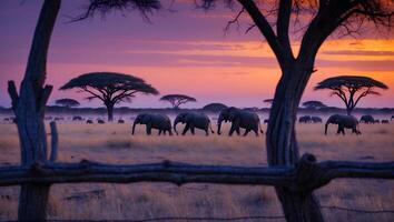 Elephants Walking Across the Savannah at Sunset with Silhouetted Trees photo