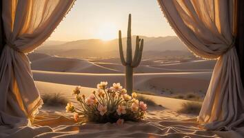 Desert Oasis View with Blooming Flowers, Cactus and Sand Dunes photo