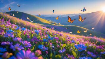 Butterflies Flying Over a Flower Meadow in a Mountainous Landscape photo