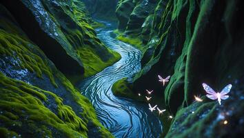 Flowing River Through Mossy Cliffs with Fairy Insects at Twilight photo