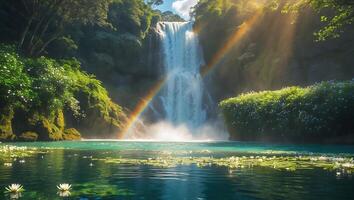 Waterfall with Rainbow Over Calm Pond and Lush Greenery Scenery photo