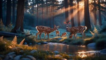 Deer Family Drinking From Stream in Sunny Forest Landscape Scene photo