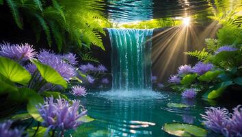 Waterfall Flowing Into Pond with Flowers and Sunlight Beams photo