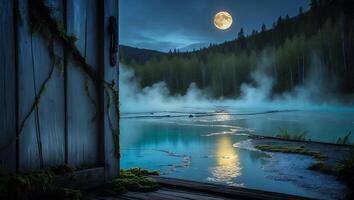 Door Opens to Mystical Lake Scene with Fog and Full Moon photo