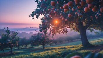 Walking Through Orchard at Sunrise with Fog and Light Rays photo