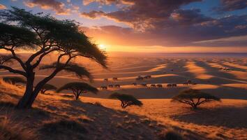 Elephants Walking Across Savannah Plains at Sunset with Trees photo