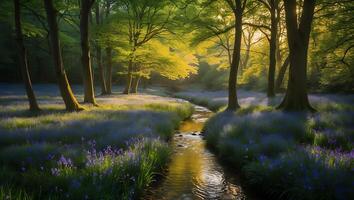 Stream Flows Through Forest with Bluebells and Sunlight Shining Through photo